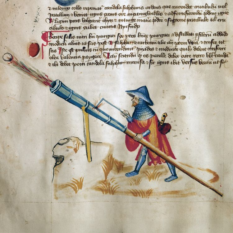 manuscript image showing a medieval soldier firing a hand cannon