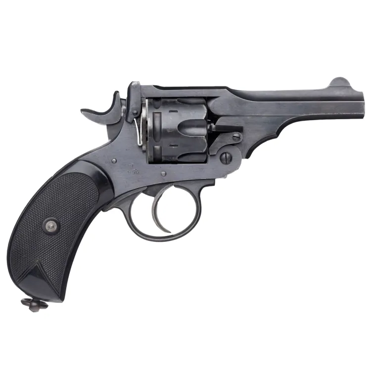 A six shot revolver in unpolished metal with a black grip