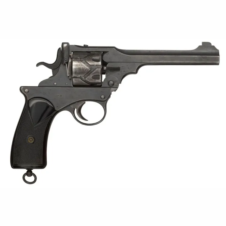 A large framed steel revolver with dark handle