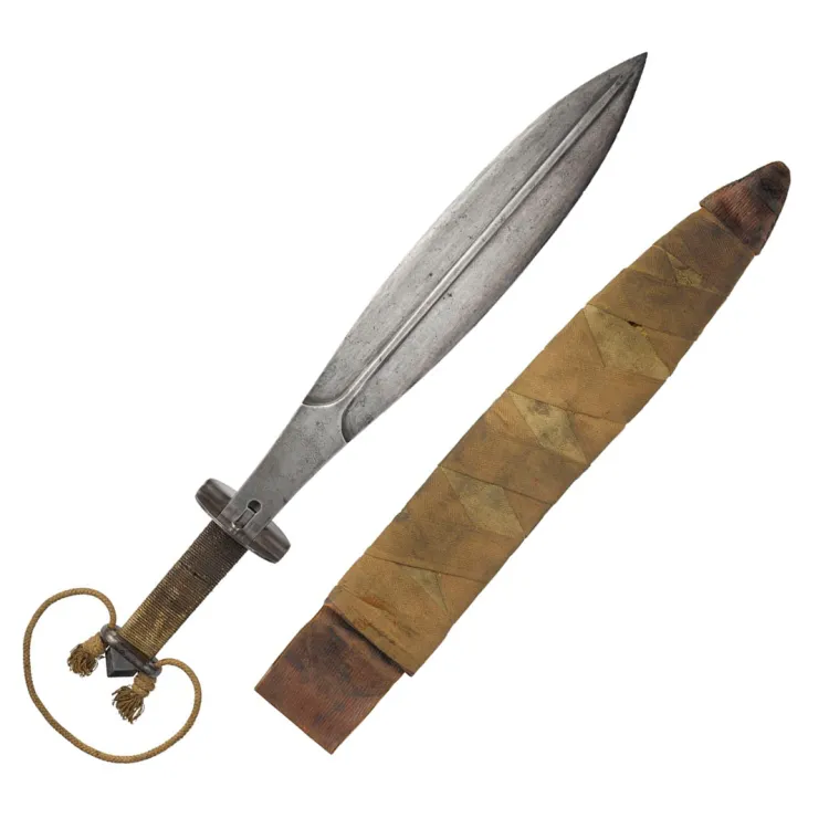 Broad, leaf-shaped blade with flat oval guard and leather scabbard