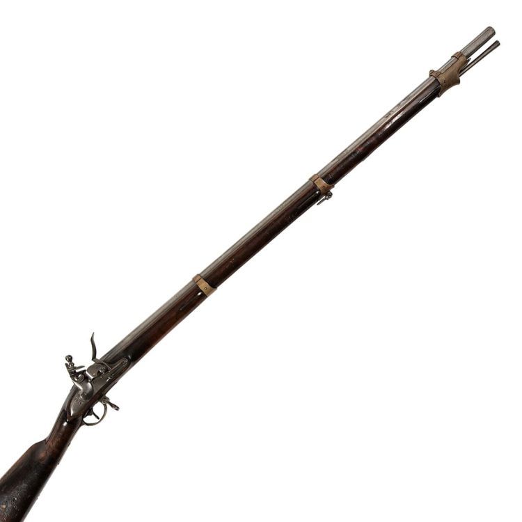 Round, long barrelled musket with three brass bands, brass pan and trigger guard, and hollowed buttstock.