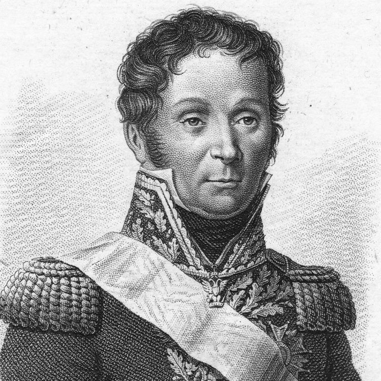 A black and white engraving of Francois Etienne Kellerman, with French military uniform and pale sash