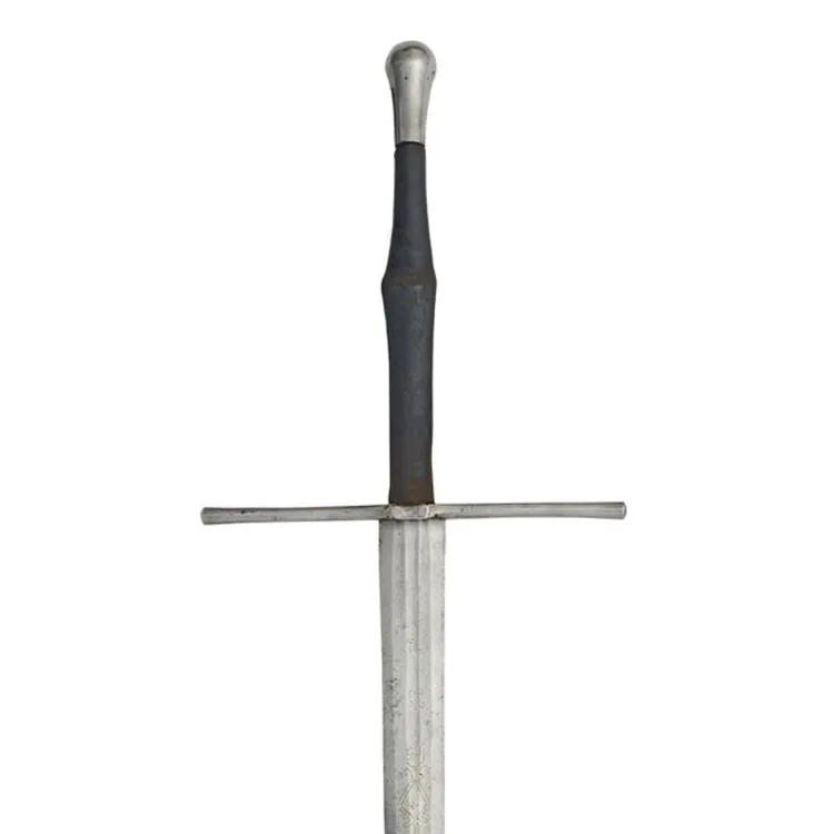 A two-handed sword with a modern pommel, long leather covered grips and a straight circular section cross guard