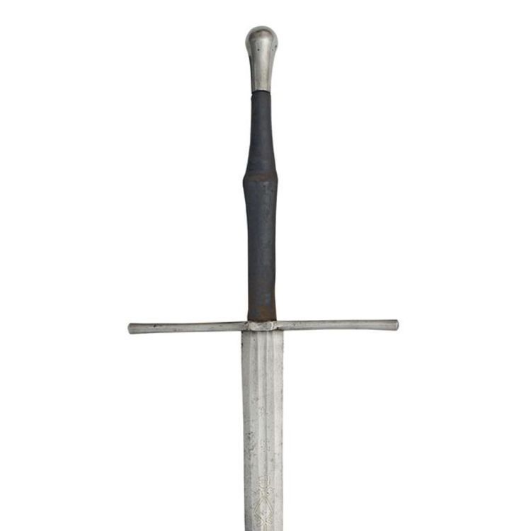 A two-handed sword with a modern pommel, long leather covered grips and a straight circular section cross guard