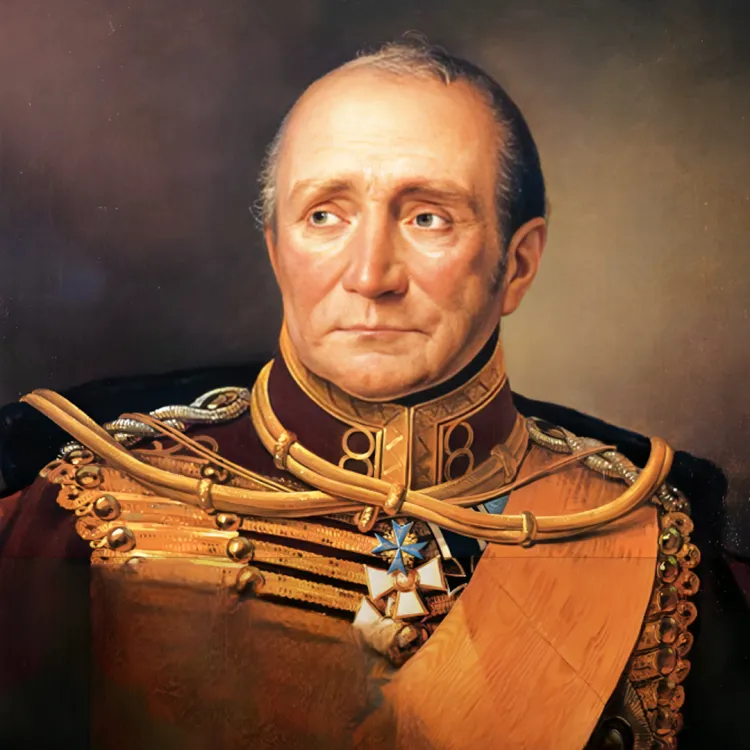 A portrait of an older Graf Von Zieten, dressed in military uniform with an orange sash