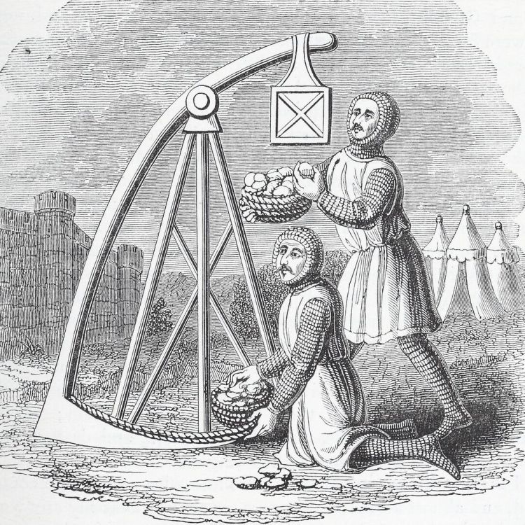 An illustration of a trebuchet being made ready to fire, reproduced in the 19th century from an earlier carving