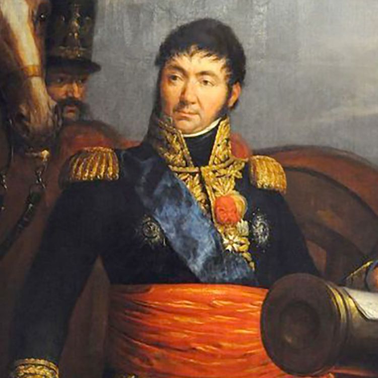 Portrait of Jean Baptiste Milhaud from 1808, dressed in high-collared French military uniform, with blue sash and red cummerbund