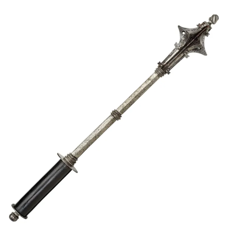 All metal hexagonal-sectioned shaft, divided into four roughly equal sections. Top is crowned with a fluted mace head.