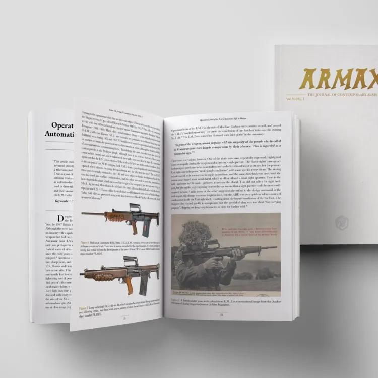 Open double page spread of ARMAX publication next to front cover that reads ARMAX