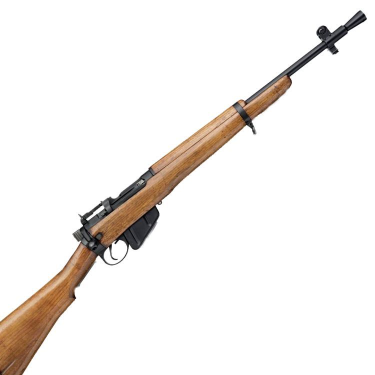 A short barrelled rifle in light wood with dark iron trim and a conical flash hider on the front