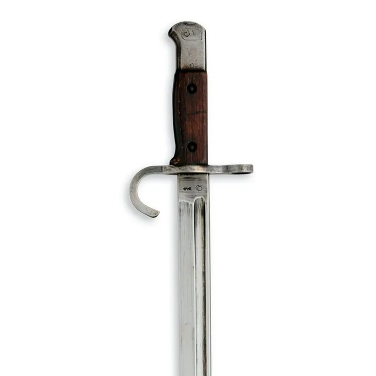 A wooden handled steel bayonet with curved hand guard