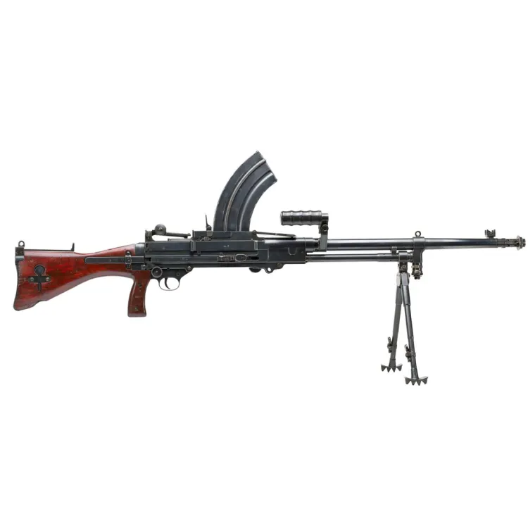 A short barrelled light machine gun in dark steel and wooden stock, with curved box magazine on top