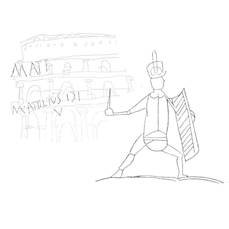 A reproduction of graffiti found in Pompeii depicting a gladiator called Marcus in front of the amphitheatre
