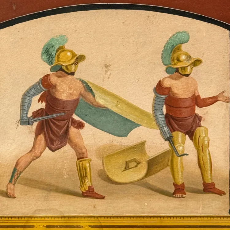 A fresco from Pompeii of two gladiators, a murmillo and thraex