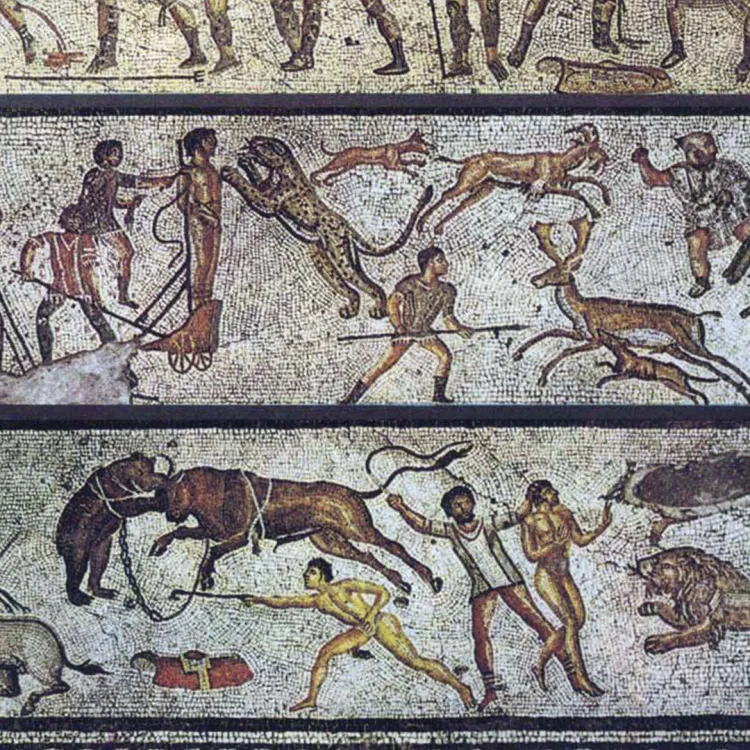 A mosaic featuring several panels showing the different events in an arena. This includes beast hunting, bear baiting, and throwing condemned criminals to the animals