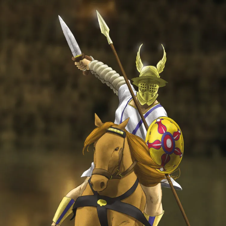 An eques-style gladiator on horseback carrying a shield, short sword, and spear or lance.