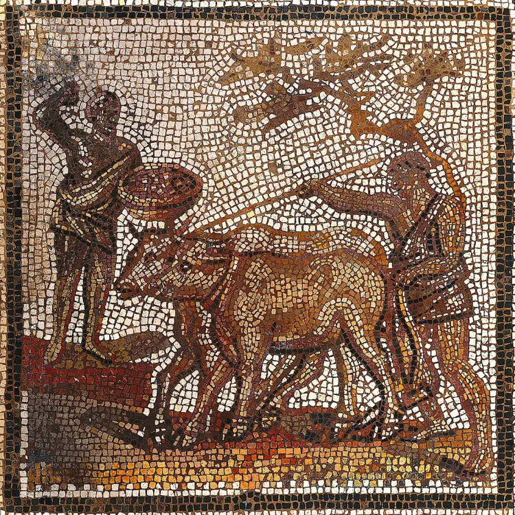 A late Roman mosaic depicting slaves working the land on a latifundia or plantation 