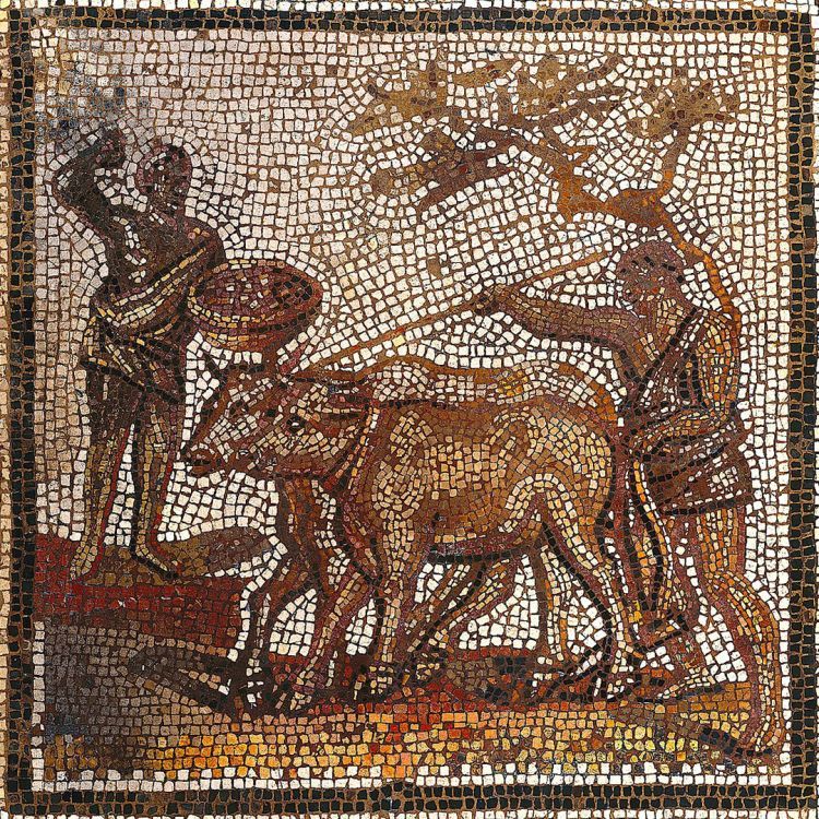 A late Roman mosaic depicting slaves working the land on a latifundia or plantation 