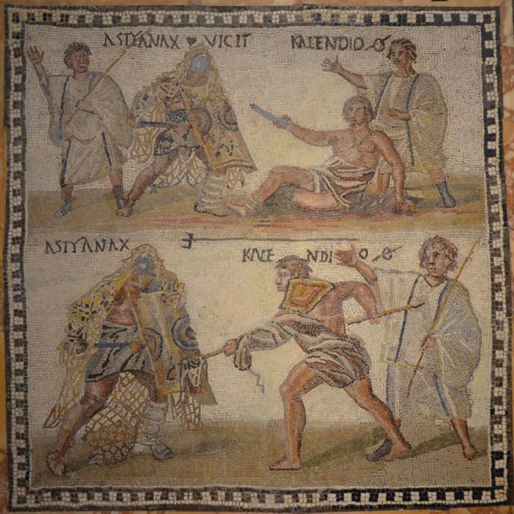 A mosaic of a duel between a retiarius and a secutor. The secutor kills his opponent as the lanista and summa rudis look on.