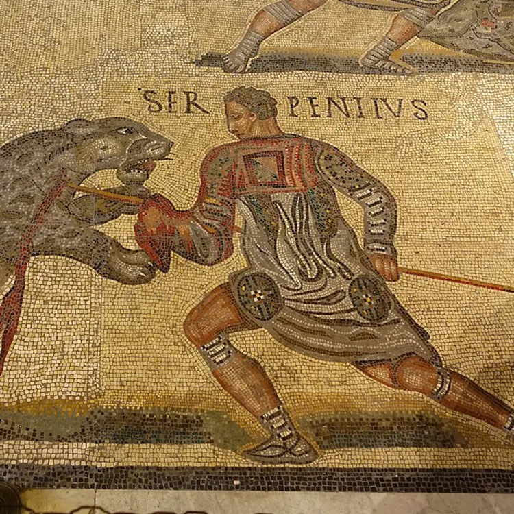 A mosaic of a venatore fighting a big cat, possibly a leopard. The mosaic gives his name as Serpeniius