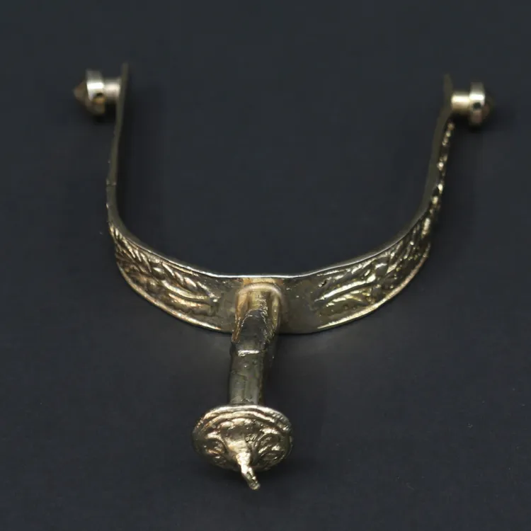 A golden spur in a wishbone shape with a spiked end on the pointed side