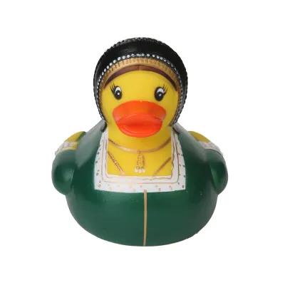yellow plastic "rubber" duck dressed as Ann Boleyn in headress, necklace, and green dress