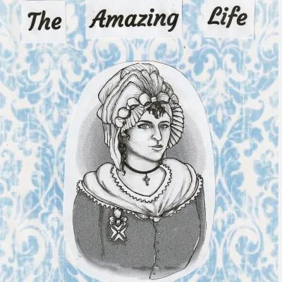 line drawing of 18th century woman in a dress and bonnet, wearing a medal.