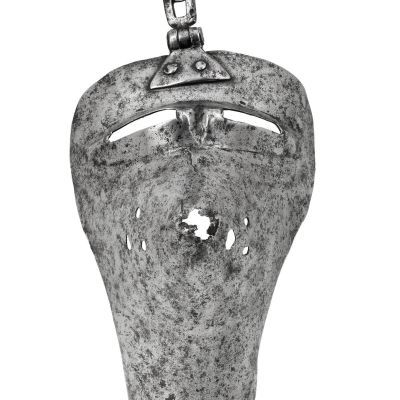 A metal pear shaped visor with a blunt pointed snout and a hinge fastening 