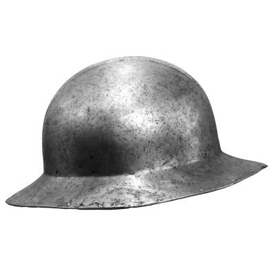 metal helmet with rounded skull and wide brim all round 