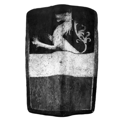 A painted wooden rectangular shield with rounded corners depicting the upper half of a lion in profile above a broad white band