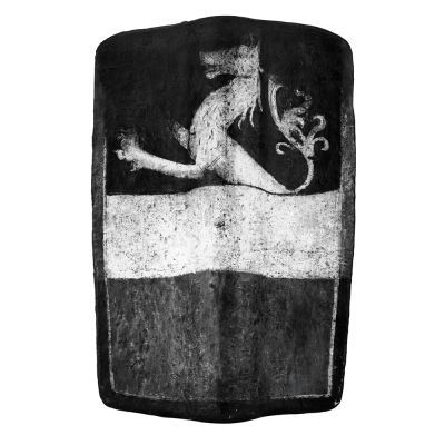 A painted wooden rectangular shield with rounded corners depicting the upper half of a lion in profile above a broad white band