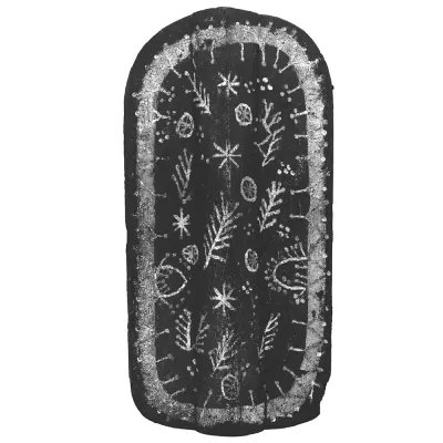 A small rectangular wooden shield with rounded top and bottom and prominent central ridge painted with stylised foliage