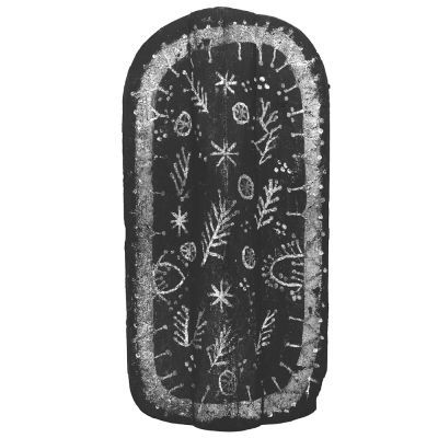 A small rectangular wooden shield with rounded top and bottom and prominent central ridge painted with stylised foliage