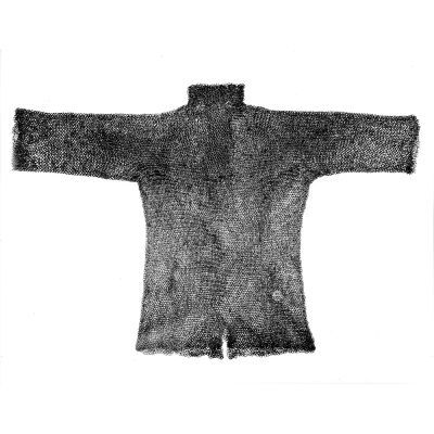 Long sleeved mail shirt with reinforced collar constructed of interlocking and riveted iron rings