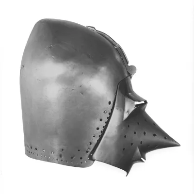 Profile view of a bacinet helmet with egg shaped pointed skull and pointed visor
