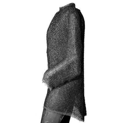 Side view of thigh length mail shirt with long sleeves made constructed of interlocking iron riveted rings 