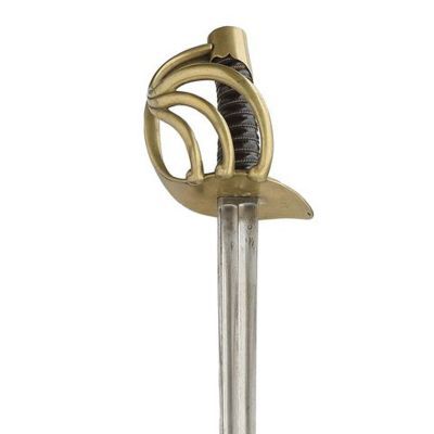 Brass, half basket hilt, wood cut grip with fluted leather and brass wire binding, and straight, single edged blade.