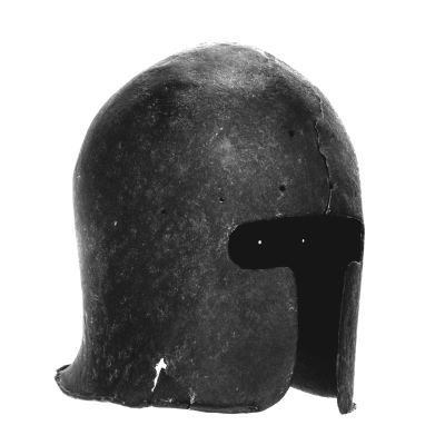 A metal helmet with a rounded skull and a 'T' shaped face opening 
