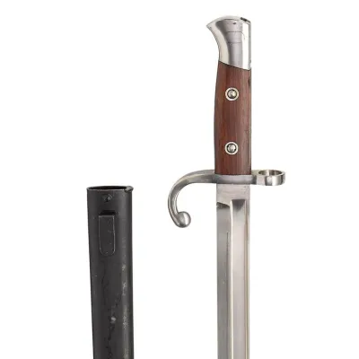 A steel bayonet with wooden hilt and curved cross guard and black scabbard