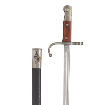 A steel bayonet with curved cross guard and wooden trim hilt, with a black scabbard with silver mouth