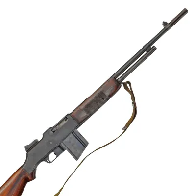 A metal and wood semi-automatic rifle with canvas sling attached