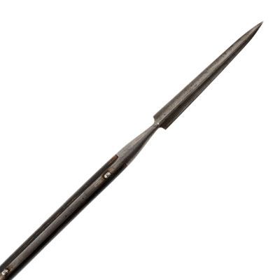 A wooden shaft with a long, thin spear point attached to the end.