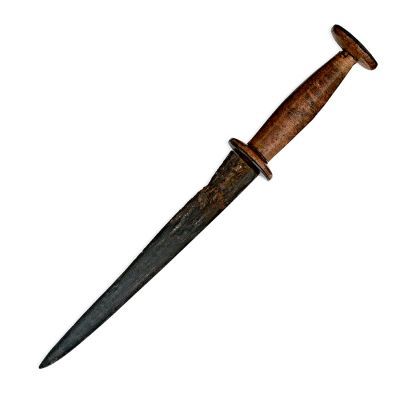 A dagger with a straight, single edged and of hollow-ground, triangular section, tapering to a point, and a wooden hilt with disc guard and pommel