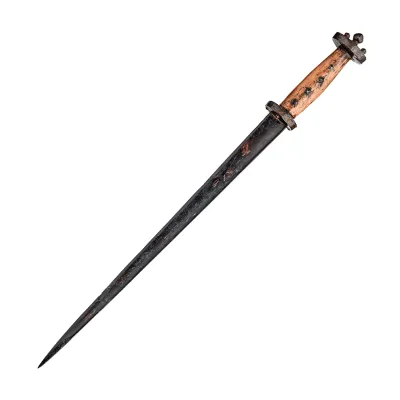A rondel dagger with a round, flat topped hilt and thin blade