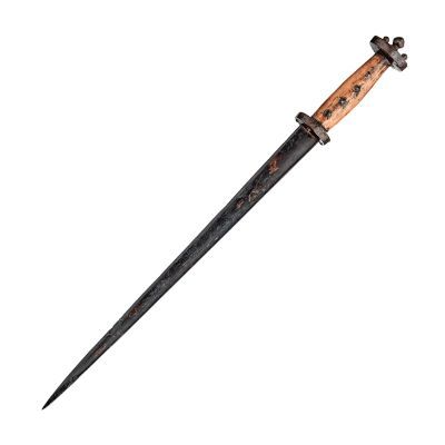A rondel dagger with a round, flat topped hilt and thin blade