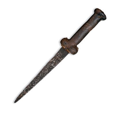 A ballock dagger with a wooden hilt and globular hilt guards
