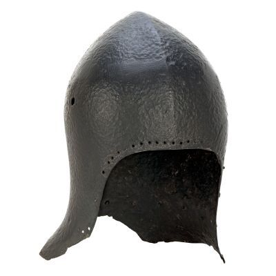 Single piece conical skull of helmet that extends down and flares outwards