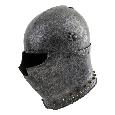 Armet helmet with rounded skull and hinged cheek pieces that wrap around front of face