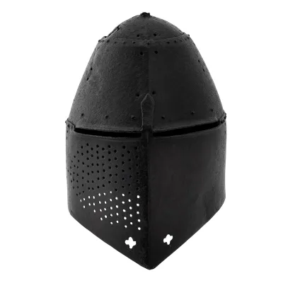 black metal helmet with narrow eye slit and multiple breath holes on left cheek