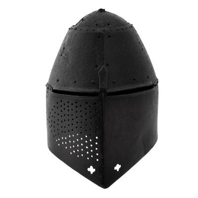 black metal helmet with narrow eye slit and multiple breath holes on left cheek